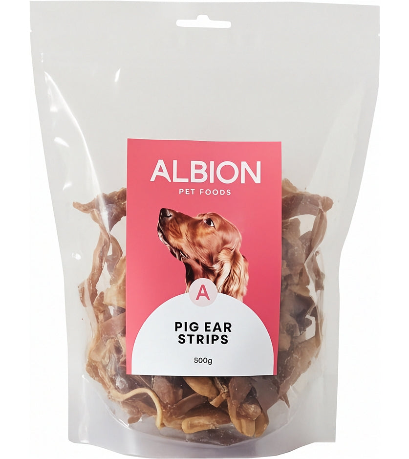 Albion Pet Foods - Air-Dried Pure Pig Ear Strips 500g - Buy Online SPR Centre UK