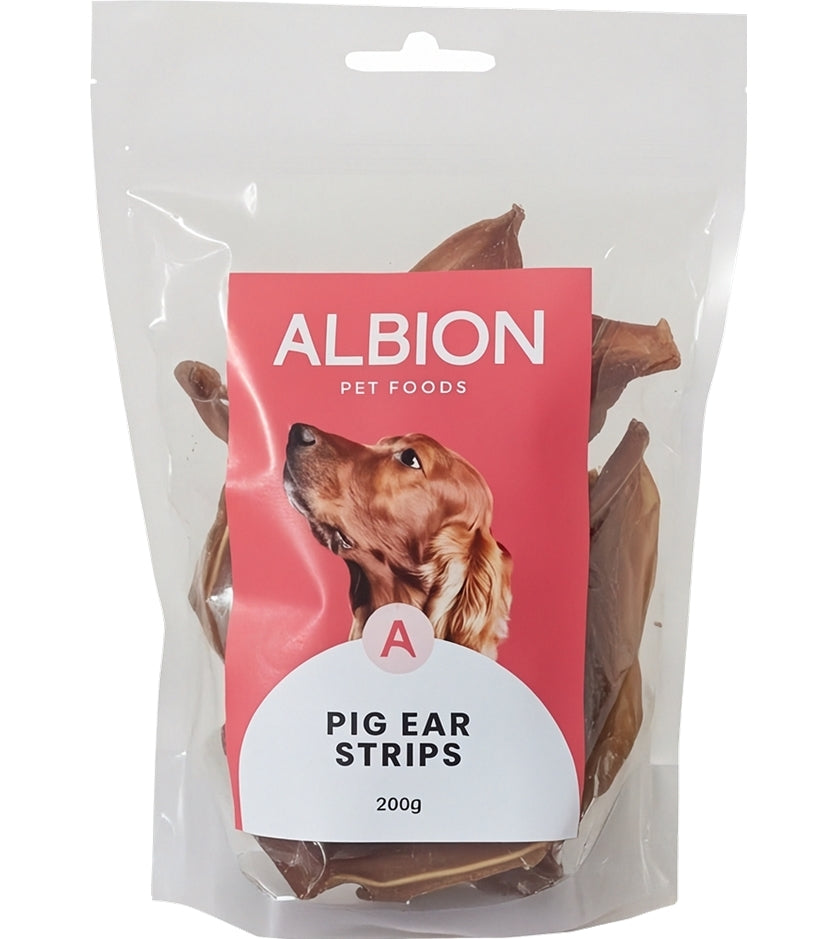 Albion Pet Foods - Air-Dried Pure Pig Ear Strips 200g - Buy Online SPR Centre UK
