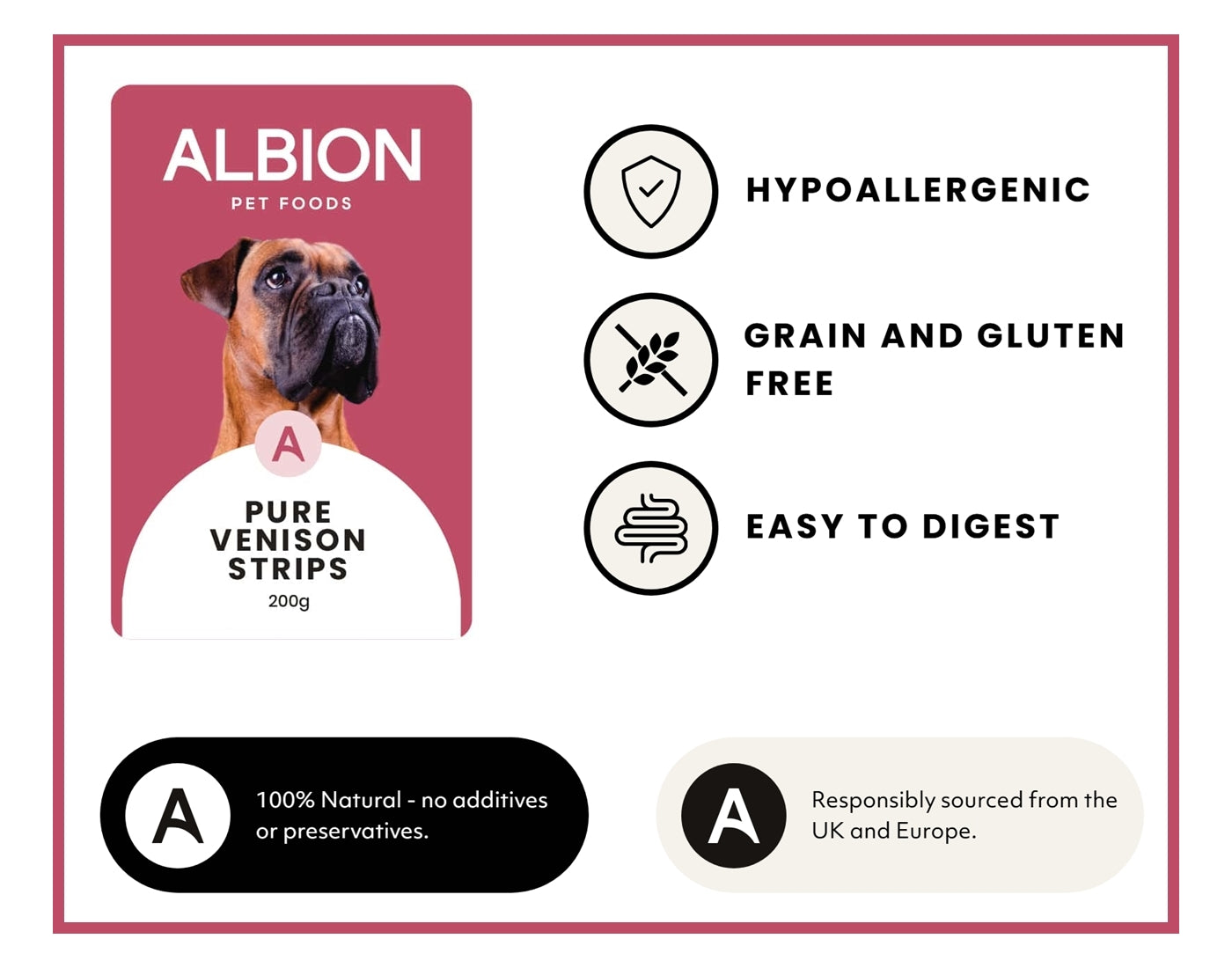 Albion Pet Foods - Air-Dried Pure Venison Strips - Buy Online SPR Centre UK