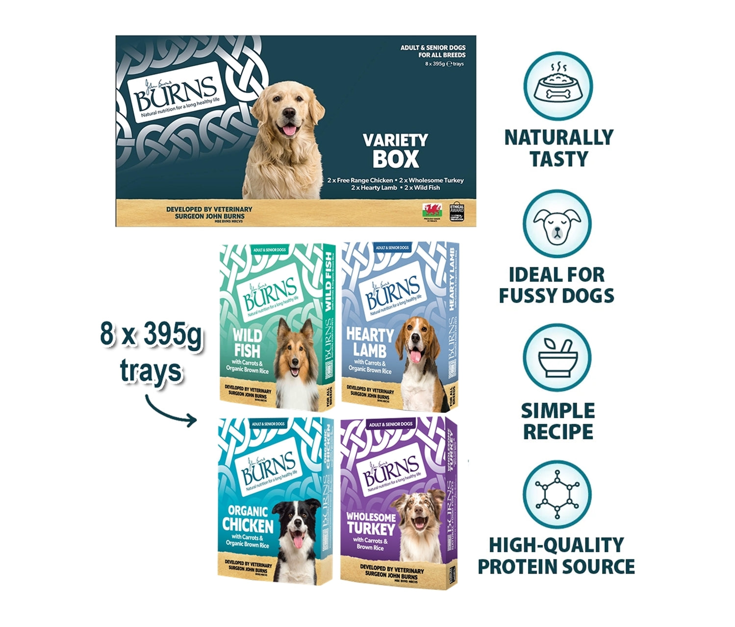 Burns - Wet Dog Food Variety Box 8x395g Pouches - Buy Online SPR Centre UK