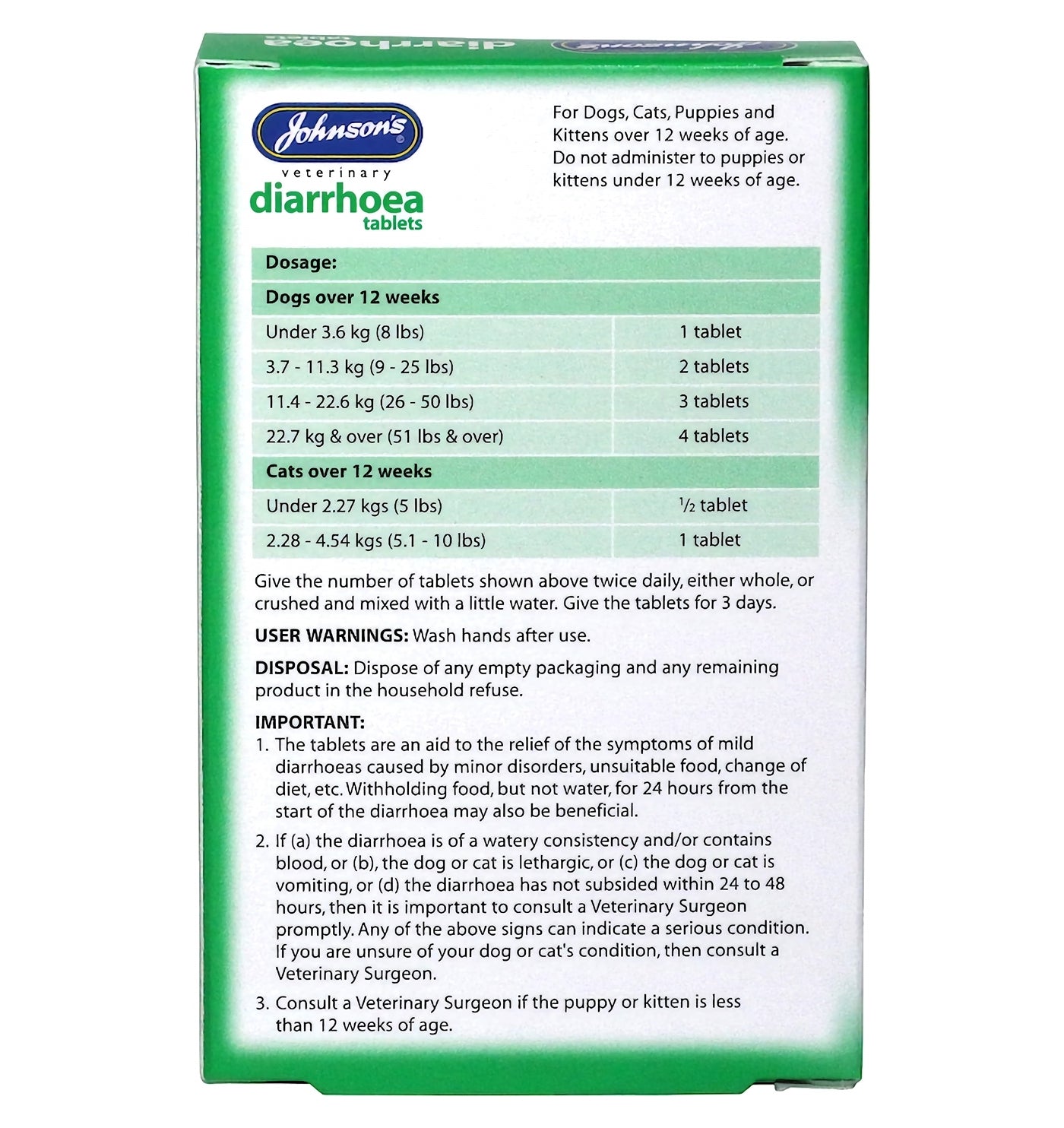 Johnson's - Diarrhoea Tablets for Dogs & Cats - Buy Online SPR Centre UK