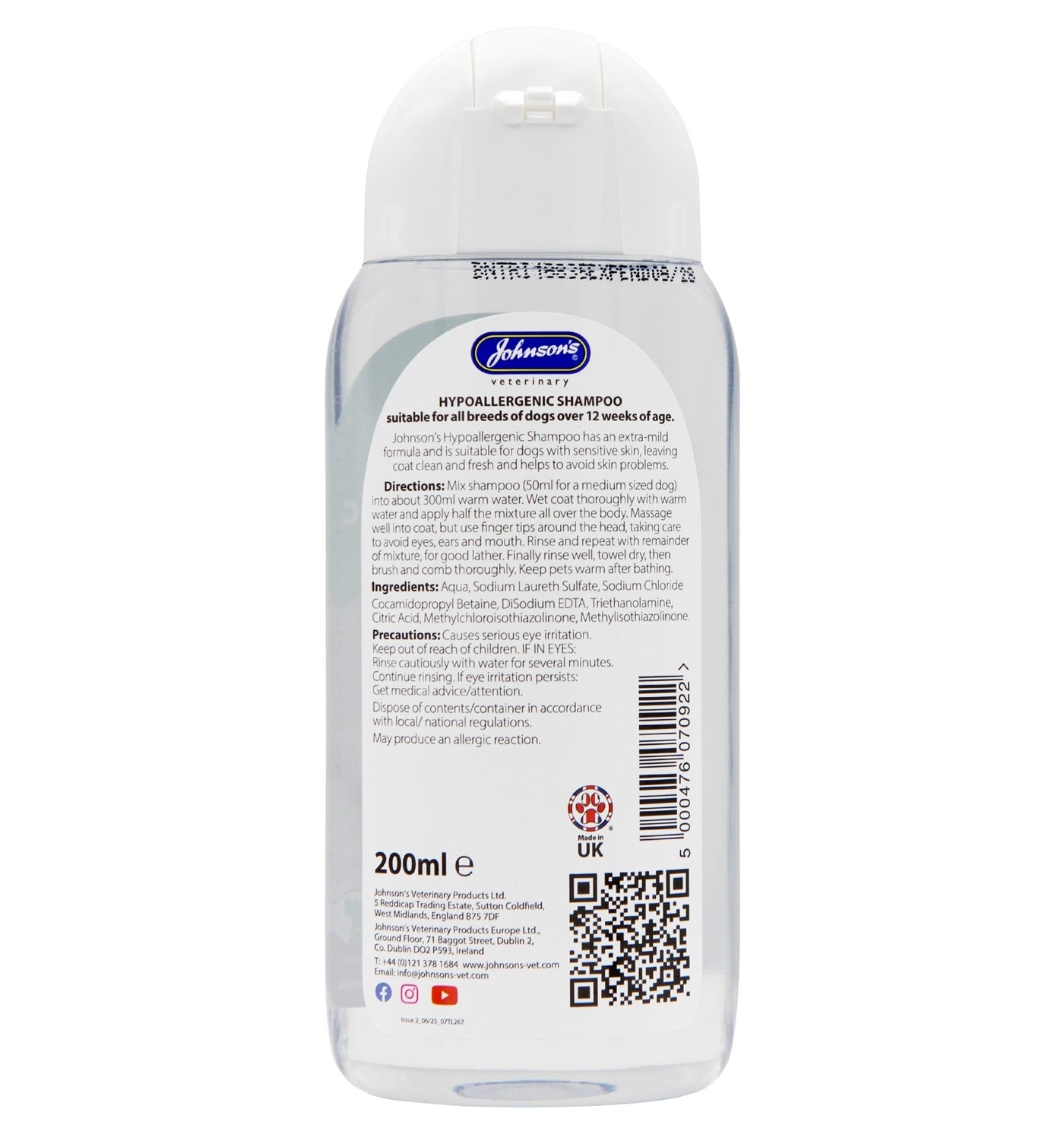 Johnson's Sensitive Hypoallergenic Shampoo for Dogs 200ml - Buy Online SPR Centre UK