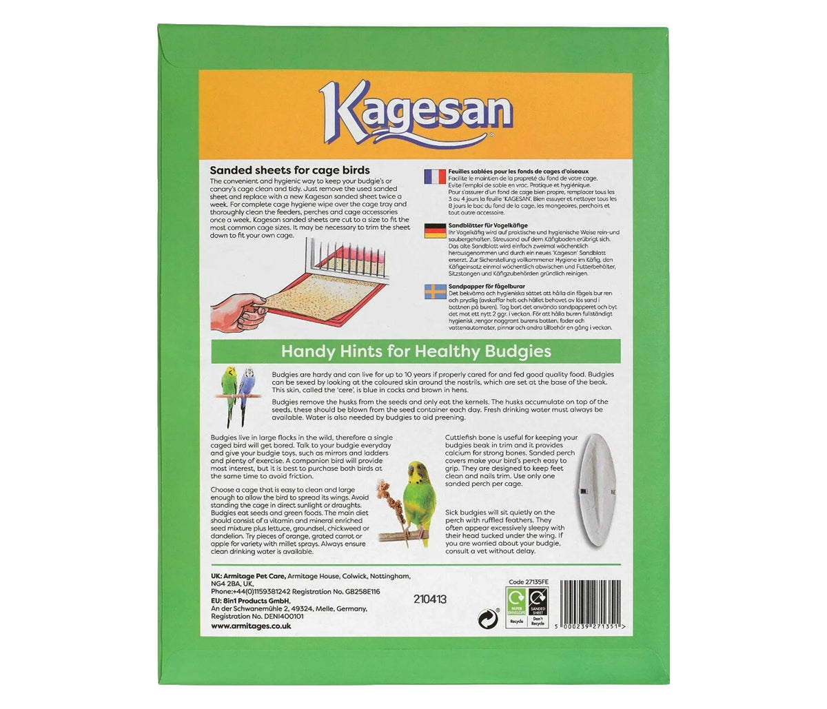 Kagesan - Cage Bird Sanded Sheets (Green) - 33cm x 25cm - 6 Pack - Buy Online SPR Centre UK
