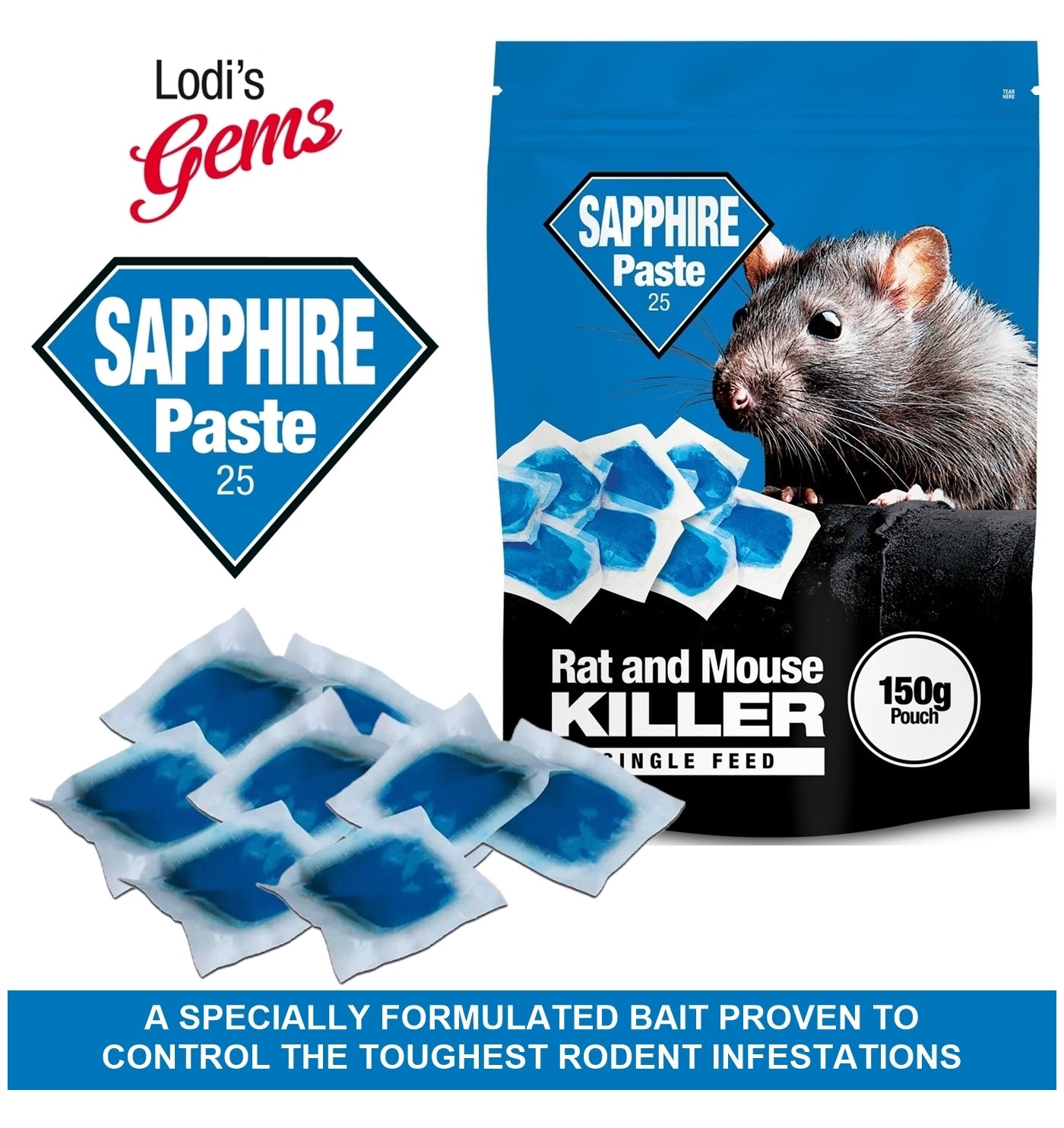 Lodi Sapphire Paste Rat & Mouse Killer - 150g pouch (15 x 10g sachets) - Buy Online SPR Centre UK