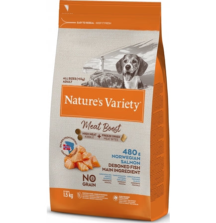 Natures Variety - Meat Boost Norwegian Salmon for Adult Dogs 1.5kg - Buy Online SPR Centre UK