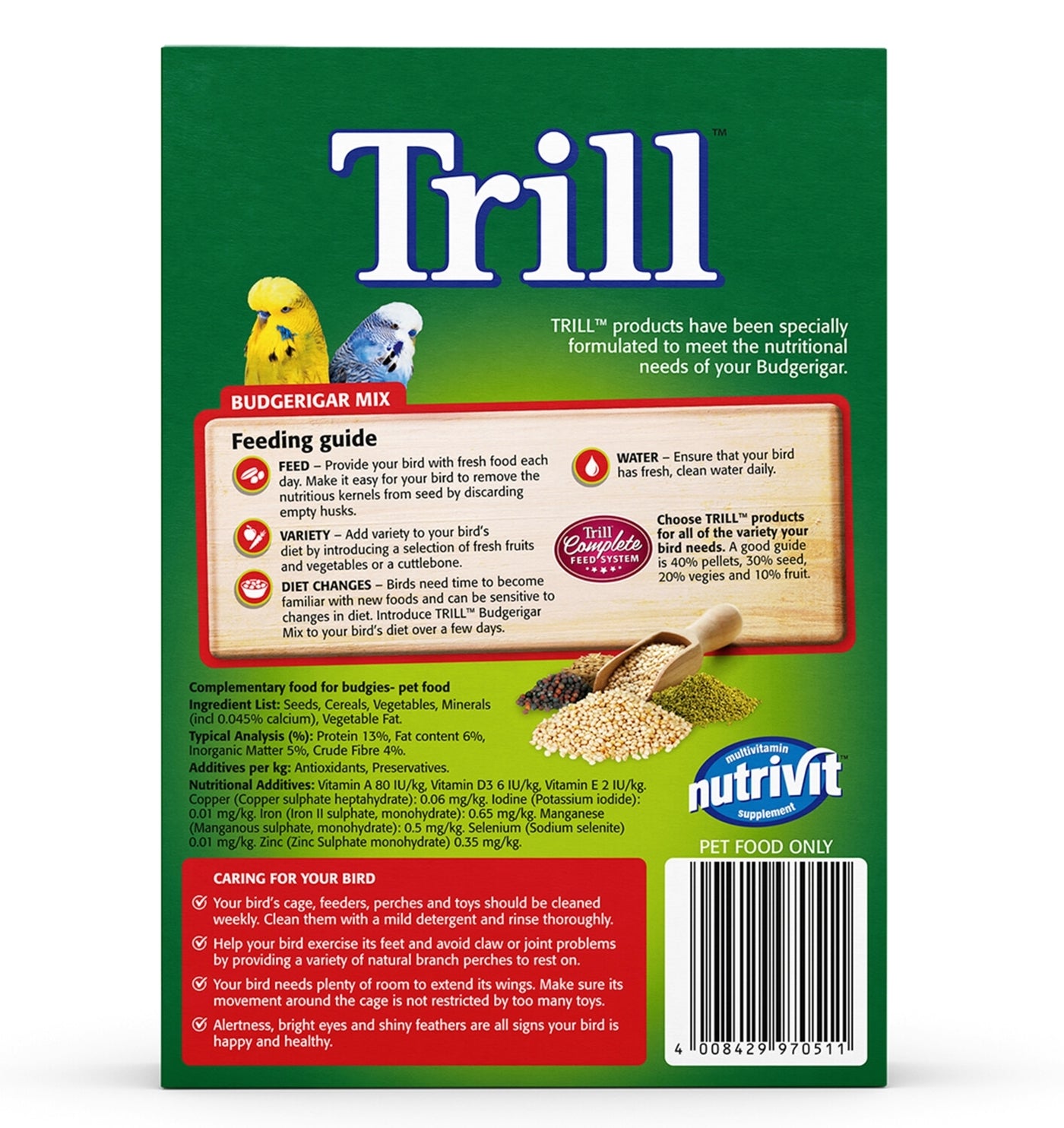 Trill - Budgerigar Mix - 500g - Buy Online SPR Centre UK